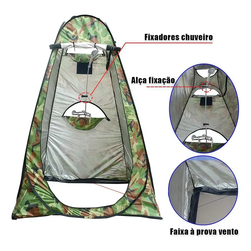 Janela de ventilação e abertura superior para chuveiro de camping.