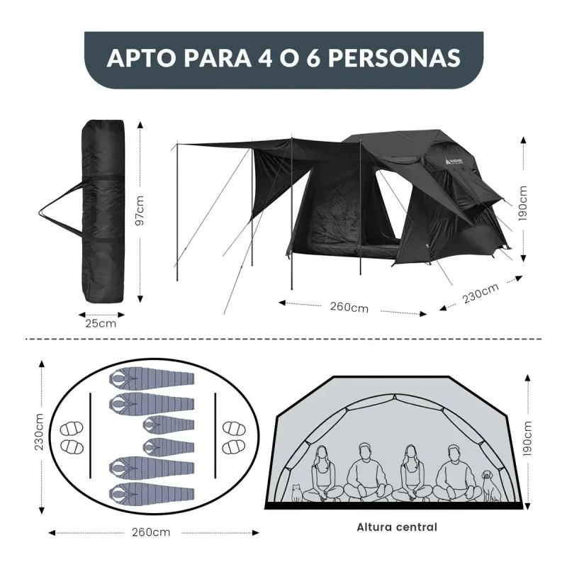 Espaço interno da barraca Sandiario AH6 com altura de 1,90m e gancho de teto