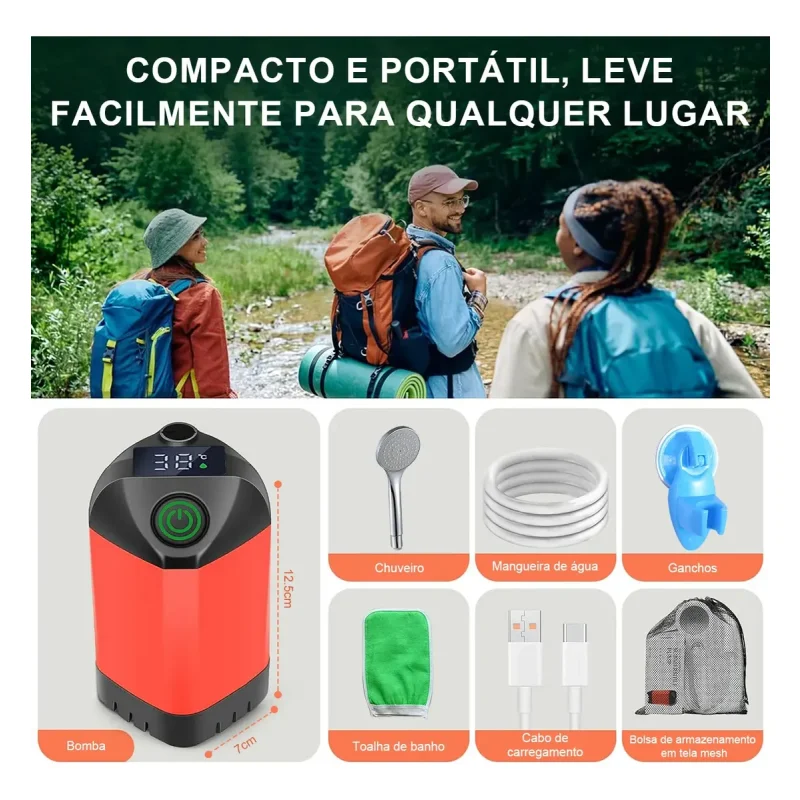 Chuveiro Portatil Recarregavel Para Camping Com Display Digital