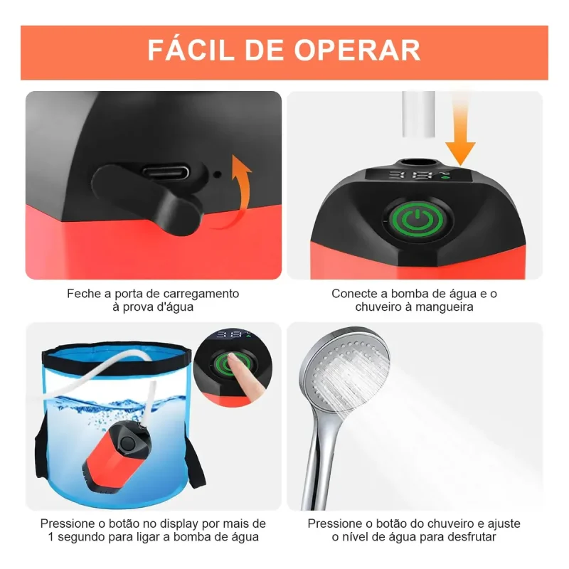 Chuveiro Portatil Recarregavel Para Camping Com Display Digital