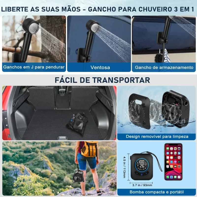 Ducha Portatil Spopal Recarregavel 8000mah Ipx8 Com Tela Led