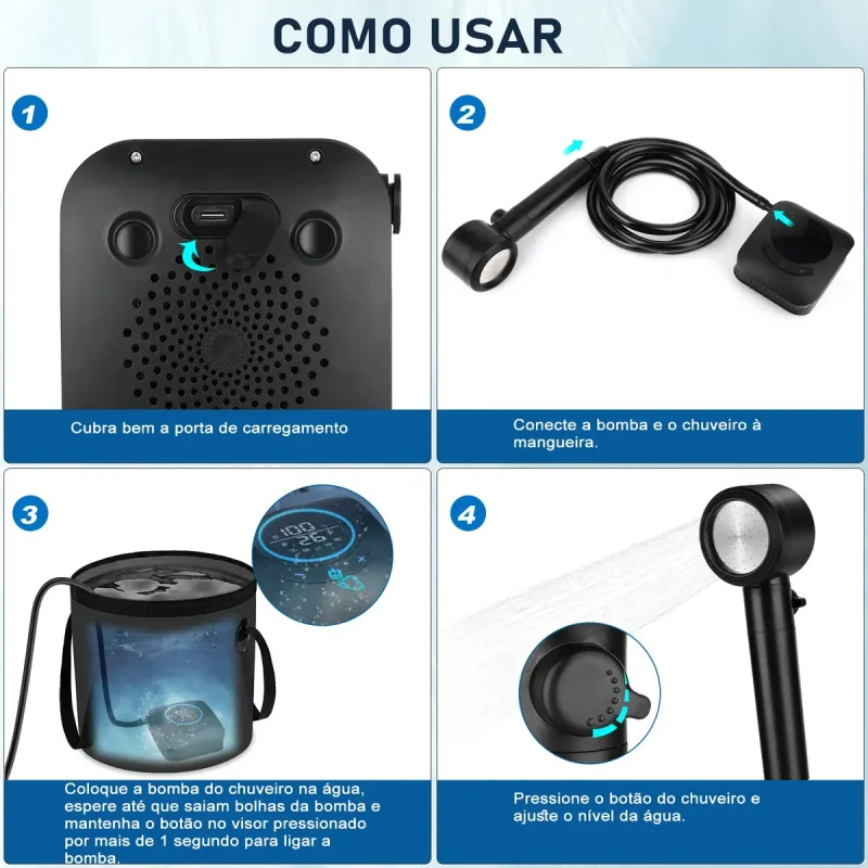 Ducha Portatil Spopal Recarregavel 8000mah Ipx8 Com Tela Led