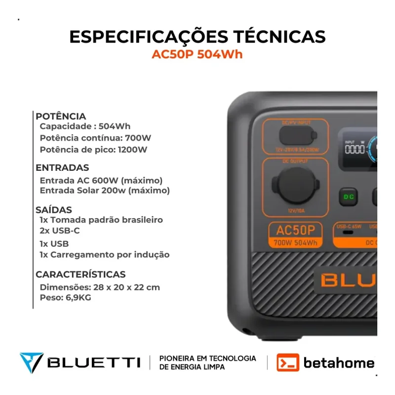 Estacao De Energia Portatil Bluetti Ac50p 504wh 700w