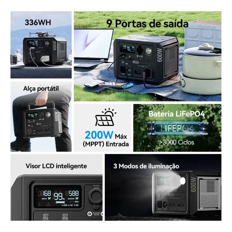 Estacao De Energia Portatil Flashfish Bp060a 600w 336wh