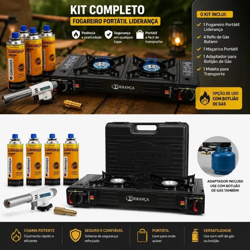 Fogareiro Portatil Frontier Kit Camping Com Macarico E 4 Refis
