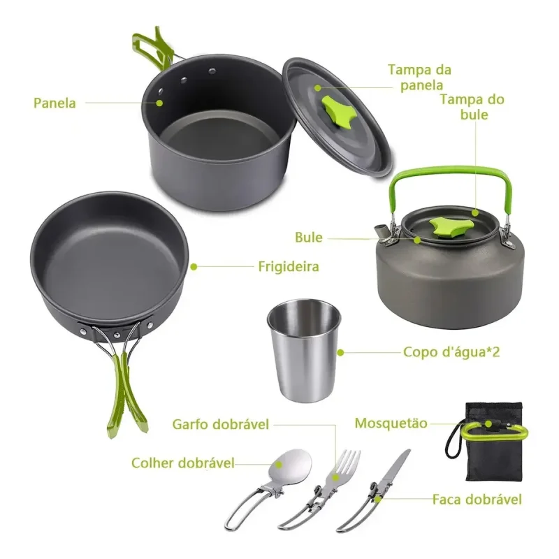Kit De Panelas Camping E Pesca Cooking Set Com Chaleira