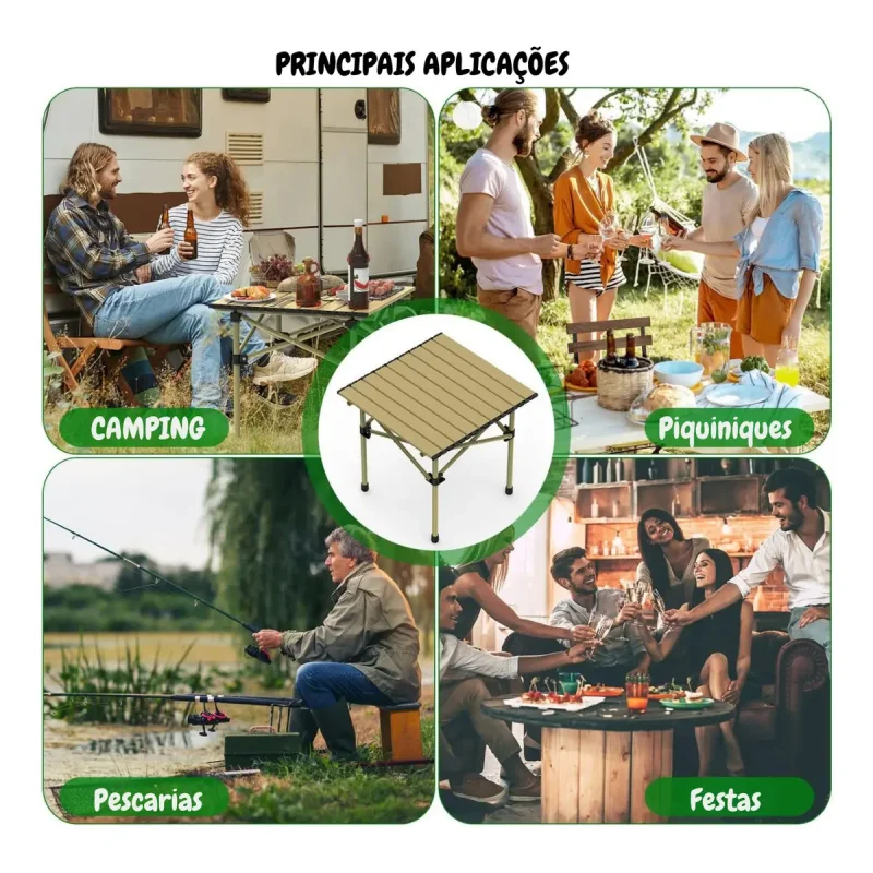 Mesa de camping de alumínio em uso ao ar livre em piquenique e praia