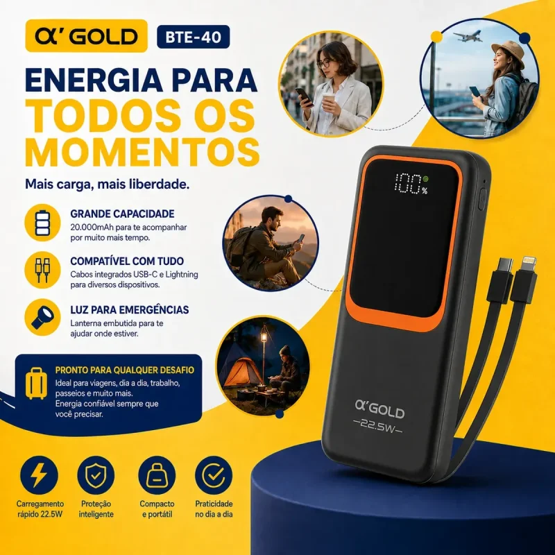 Power Bank 20000mah Agold Bte 42 225w Com Cabos Integrados