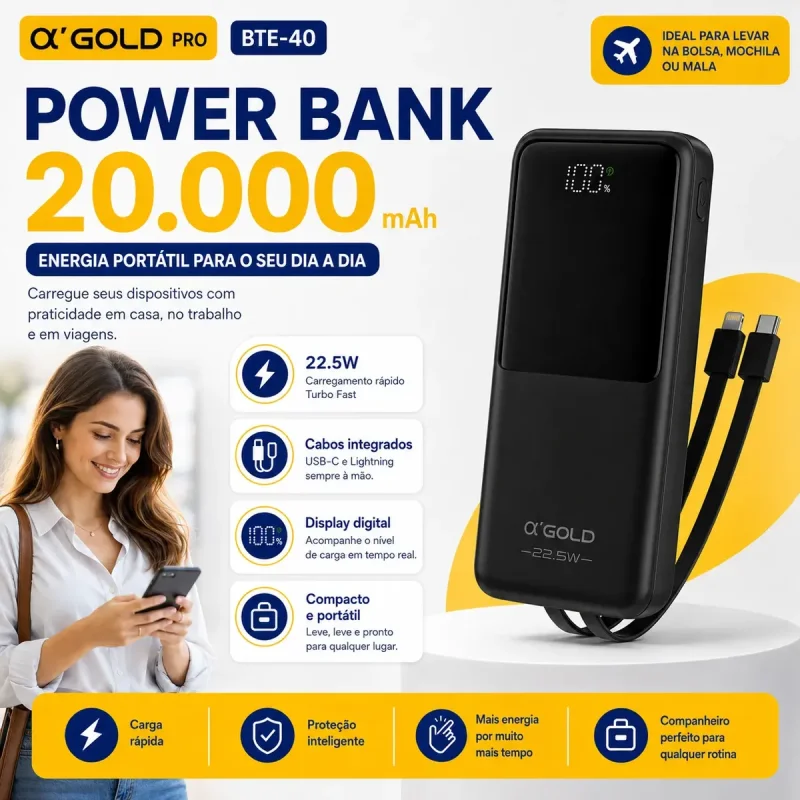 Power Bank 20000mah Agold Bte 42 225w Com Cabos Integrados