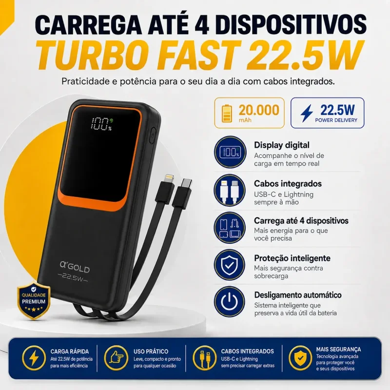 Power Bank 20000mah Agold Bte 42 225w Com Cabos Integrados