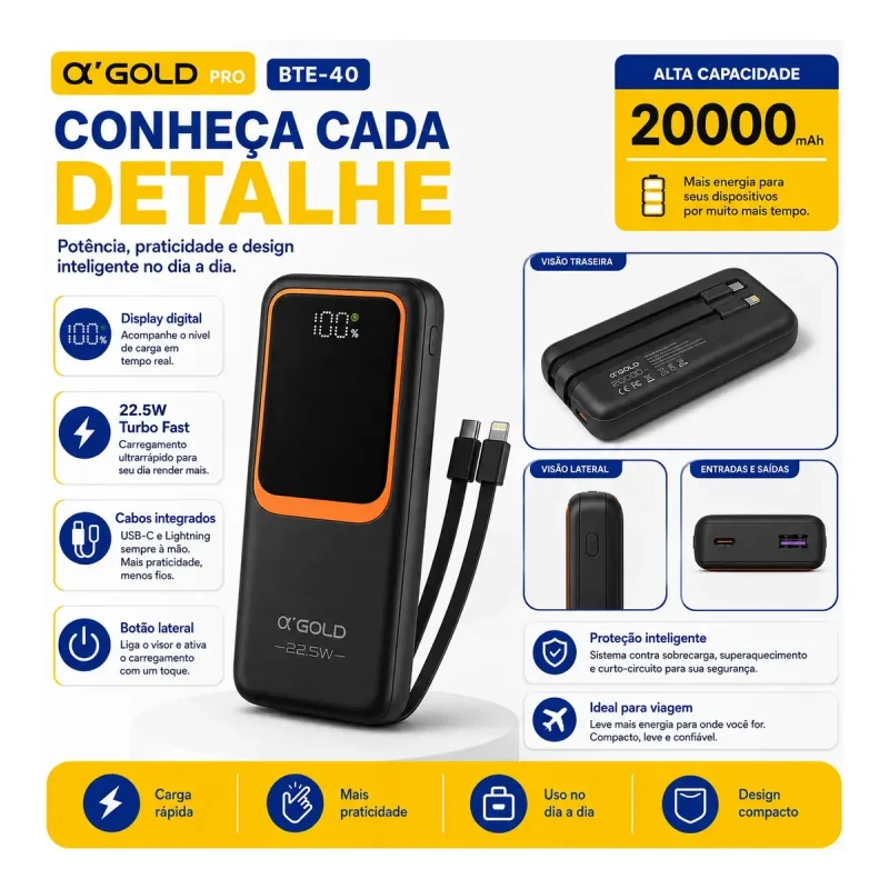 Power Bank 20000mah Agold Bte 42 225w Com Cabos Integrados