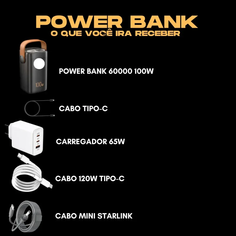 Power Bank 60000mah 100w Com Cabo Starlink E Carregador 65w