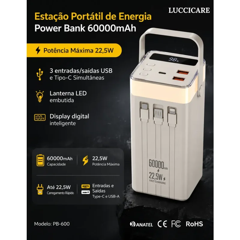 Power Bank 60000mah 225w Com Alca E Visor Digital