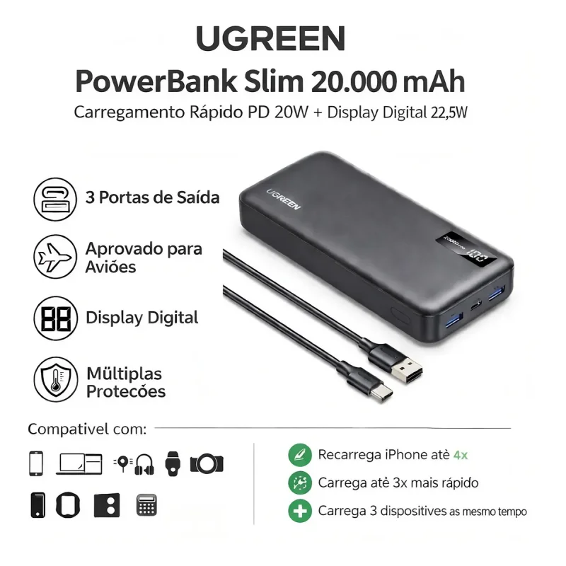 Power Bank Ugreen Pb312 20000mah 20w Com 3 Portas E Display Digital