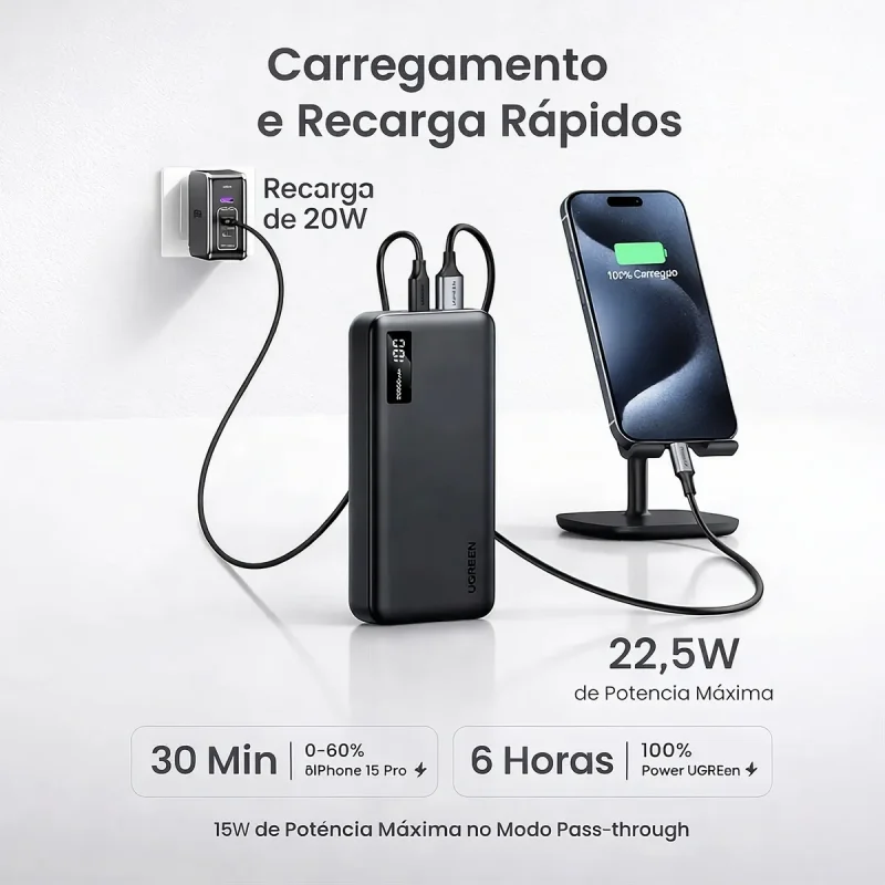 Power Bank Ugreen Pb312 20000mah 20w Com 3 Portas E Display Digital