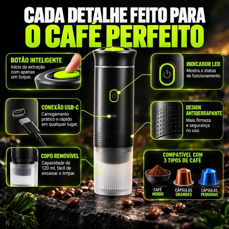 Cafeteira Expresso Portatil 3 Em 1 Capsula E Po Usb C