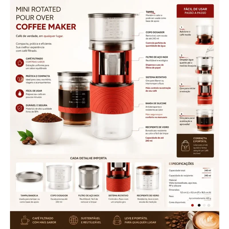 Coador De Cafe Automatico Rotativo Recarregavel Inox