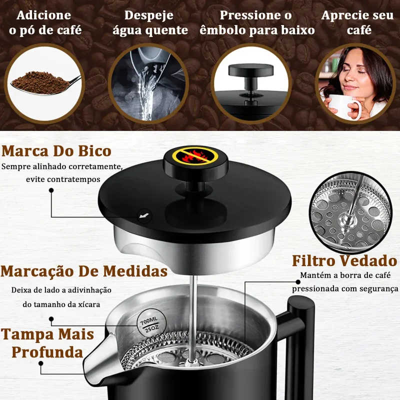 Prensa Francesa Inox Parede Dupla Icoffee 700ml