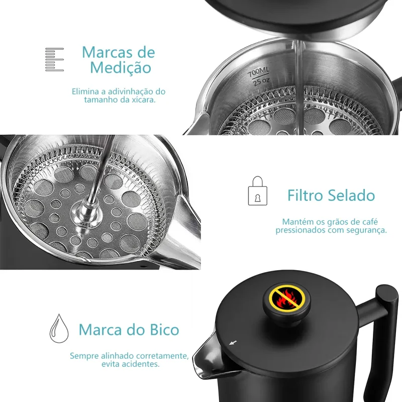 Prensa Francesa Inox Parede Dupla Icoffee 700ml