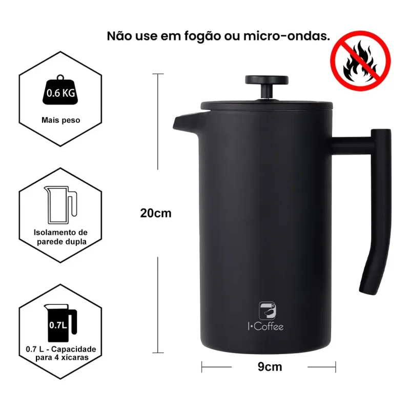 Prensa Francesa Inox Parede Dupla Icoffee 700ml